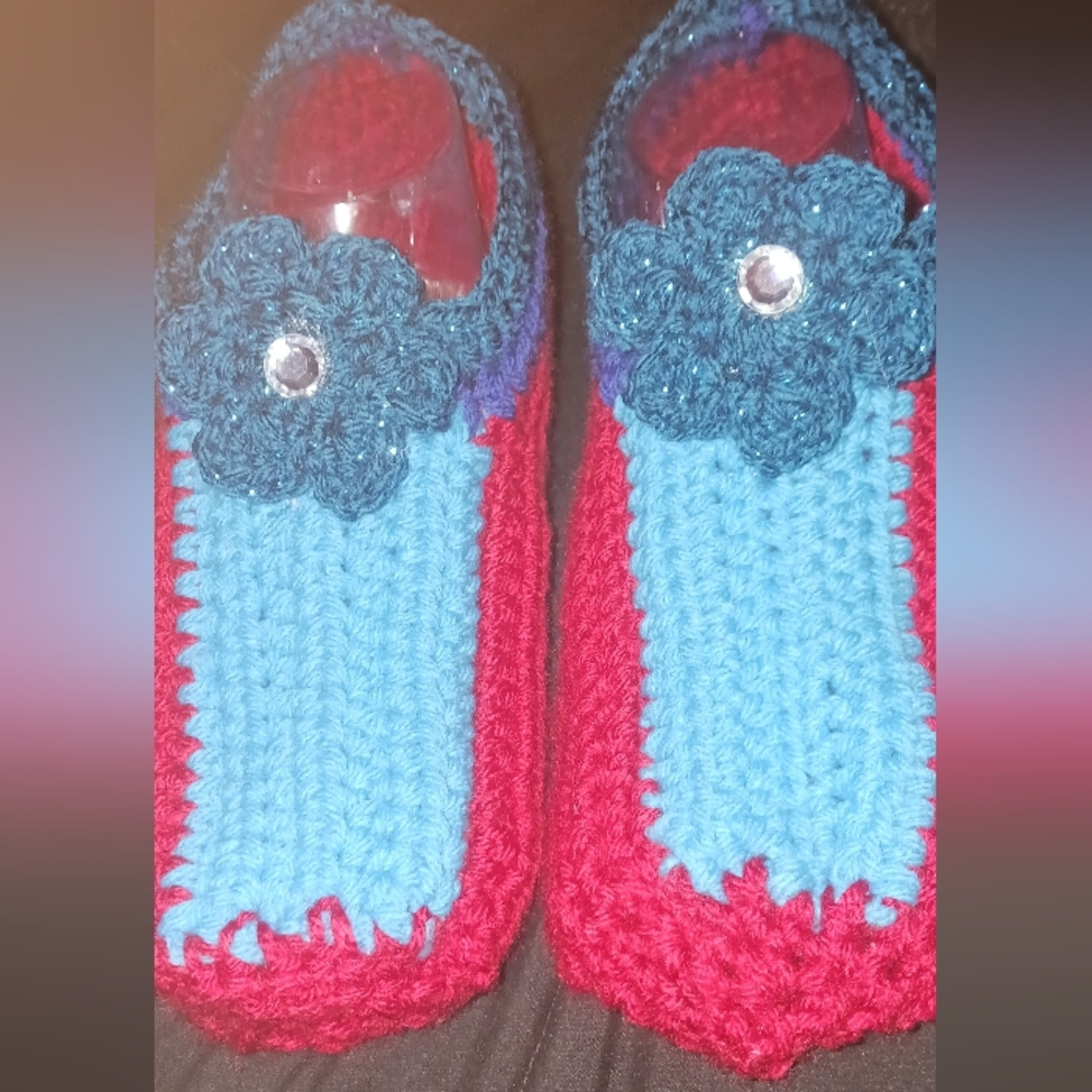 Handmade Red and Blue Crochet Slippers with Flower Accent